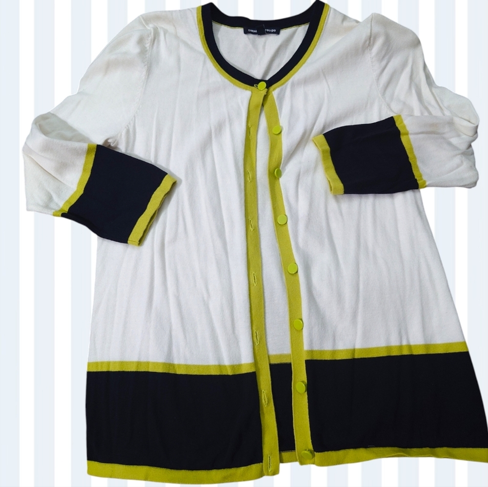 Cable & Gauge Off White Cotton Cardigan with Black and Green Block Trim